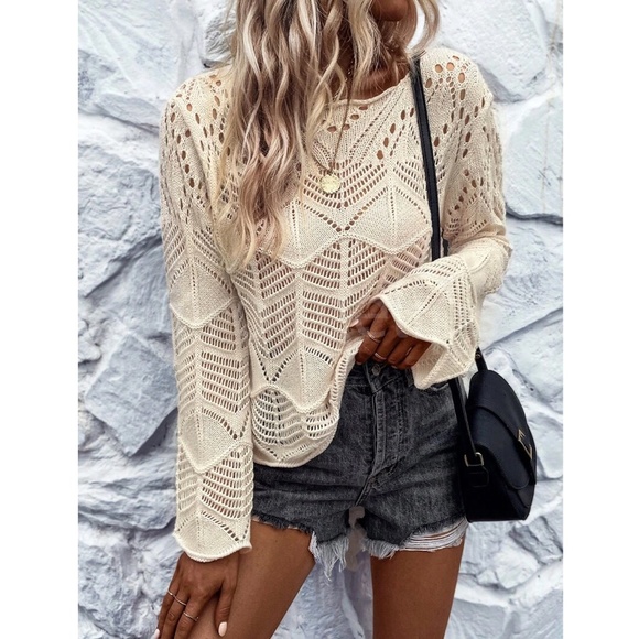 Beige Hollow Out Knit Long Bell Sleeve Pullover Light Sweater - Picture 2 of 8